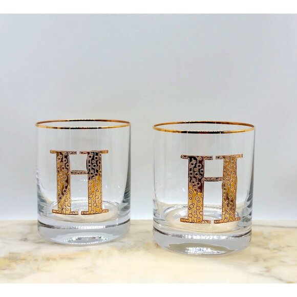 2pc Anthropologie 24k Gold Gilded Monogram Glass Tumblers Letter H 15oz - Picture 5 of 7